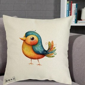 Perna Decorativa Pasare Folk Art Portocalie-Teal, 40x40 cm, Ecru, Husa Detasabila, Perna Inclusa, BEKZ®