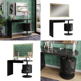 Masuta machiaj cu Oglinda LED si 2 Sertare pentru Cosmetice, Set Masa toaleta 120 cm, Negru, masuta cosmetica, vanity - SEN257