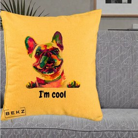 Perna Personalizata Bulldog Francez I'm Cool, 40x40 cm, Galben, Husa Detasabila, Perna Inclusa, BEKZ®