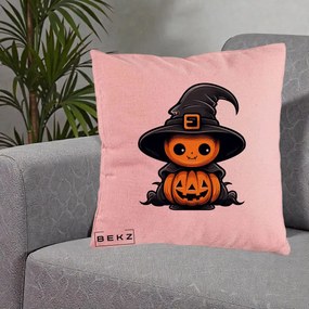 Perna Decorativa Halloween Dovleac Vrajitor Kawaii, 40x40 cm, Roz, Husa Detasabila, Perna Inclusa, BEKZ®
