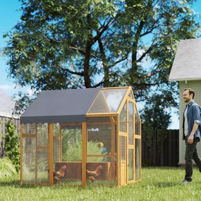 PawHut Coteț pentru găini 3,07 m² tarc exterior din lemn cu husă impermeabilă, încuietoare de siguranță, pentru 6-8 găini 1,7 x 1,8 x 1,8 m | Aosom Romania