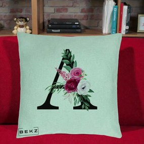 Cadou Personalizat - Perna Personalizata Monograma Florala Litera A, 40x40 cm, Verde Menta, Husa Detasabila, Perna Inclusa, BEKZ®