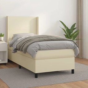 vidaXL Pat box spring cu saltea, crem, 90x200 cm, piele ecologică