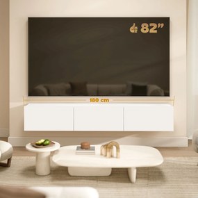 HOMCOM Mobilier TV Suspendat, Suport TV până la 82" cu 3 Dulapuri cu Uși Rabatabile Soft Close, Dulap pentru Televizor pentru Living, Dormitor și Salon, 180x31.5x29.8 cm, Alb Lucios | Aosom Romania