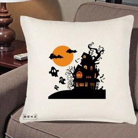 Perna Decorativa Halloween Casa Bantuita cu Fantome, 40x40 cm, Crem Reliefat, Husa Detasabila, Perna Inclusa, BEKZ®