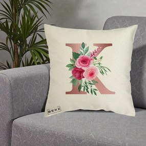 Cadou Personalizat - Perna Personalizata Monograma Rose Gold Litera K, 40x40 cm, Ecru, Husa Detasabila, Perna Inclusa, BEKZ®
