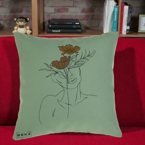 Perna Decorativa Portret Feminin Doua Flori, 40x40 cm, Verde, Husa Detasabila, Perna Inclusa, BEKZ®