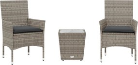 vidaXL Set bistro cu perne, 3 piese, gri, poliratan și sticlă