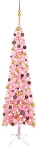 Set pom de Craciun subtire cu LED-uri si globuri, roz, 210 cm 1, pink and gold, 210 cm