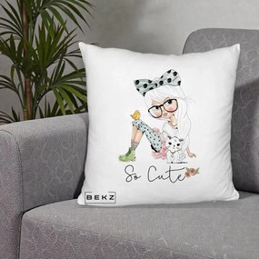 Perna Decorativa So Cute Fata Fashion, 40x40 cm, Alb Pufos, Husa Detasabila, Perna Inclusa, BEKZ®