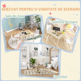 AIYAPLAY Set Masă și 2 Scaune pentru Copii 3-6 ani, cu Tablă de Scris și Loc de Depozitare, 60x60x44 cm, Lemn Natural | Aosom Romania