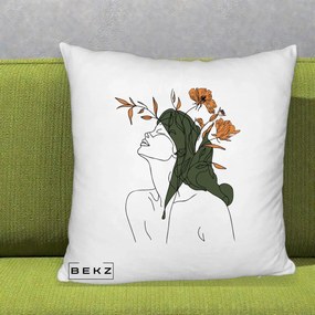 Perna Decorativa Portret Feminin Profil Flori Portocalii, 40x40 cm, Alb Pufos, Husa Detasabila, Perna Inclusa, BEKZ®