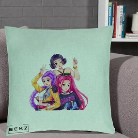 Perna Personalizata K-pop HUNTRX Trio Animat Fete Foto, 40x40 cm, Verde Menta, Husa Detasabila, Perna Inclusa, BEKZ®