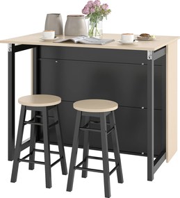 HOMCOM Set de bar 3 piese, Masă de bar cu placă pliabilă, 2 scaune de bar, 6 compartimente de stocare, negru+stejar, 116 x 70 x 89,5 cm | Aosom Romania