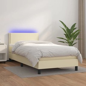 3134131 vidaXL Pat continental cu saltea și LED, crem, 80x200 cm, piele eco