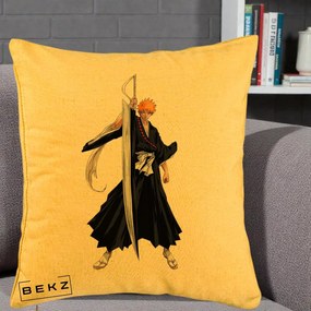Perna Personalizata Bleach Ichigo Kurosaki Zangetsu, 40x40 cm, Galben, Husa Detasabila, Perna Inclusa, BEKZ®