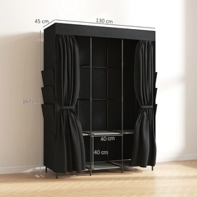 HOMCOM Garderobă Textilă cu 3 Bare și 3 Rafturi, Oțel și Material Netesut, 130 x 45 x 167 Cm, Negru | Aosom Romania