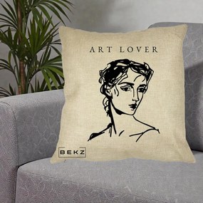 Perna Decorativa Art Lover Portret Grafic, 40x40 cm, Crem, Husa Detasabila, Perna Inclusa, BEKZ®