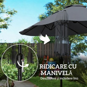 Outsunny Umbrelă Dublă cu 12 Spițe, Manivelă, Bază Metalică și Saci de Nisip, din Metal și Poliester, 3x1.5 m, Gri Închis | Aosom Romania