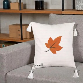 Perna Decorativa Frunza de Toamna Portocalie, 40x40 cm, Bej cu Franjuri, Husa Detasabila, Perna Inclusa, BEKZ®