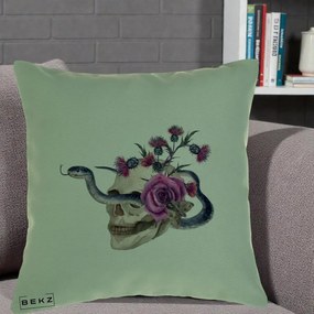Perna Decorativa Craniu cu Sarpe si Trandafiri Gothic, 40x40 cm, Verde, Husa Detasabila, Perna Inclusa, BEKZ®