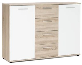 Comoda cu 4 sertare si 2 usi, 120x85x35 cm, stejar sonoma alb, pentru dormitor, living, hol sau birou,