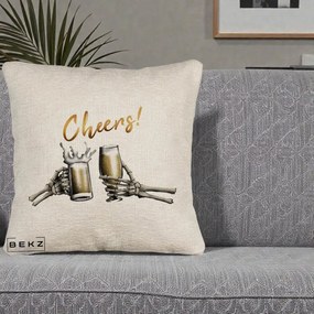 Perna Decorativa Halloween Cheers Schelete cu Bere, 40x40 cm, Bej Canapea, Husa Detasabila, Perna Inclusa, BEKZ®