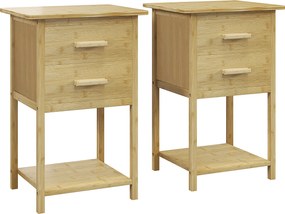 HOMCOM Noptiere, 2 piese, cu 2 Sertare și Poliță de Jos în Stil Nordic, Noptiere Moderne din Bambus, 40x34x60 cm, Lemn Natural | Aosom Romania