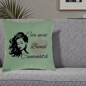 Cadou pentru Cumnata - Perna Personalizata Cea mai Buna Cumnata cu Silueta Dama si Pete Roz, 40x40 cm, Verde, Husa Detasabila, Perna Inclusa, BEKZ®