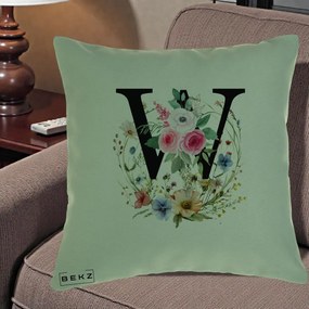 Cadou Personalizat - Perna Personalizata Monograma Florala Litera W, 40x40 cm, Verde, Husa Detasabila, Perna Inclusa, BEKZ®