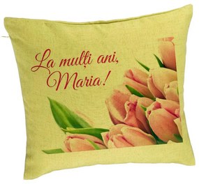 Perna Decorativa, Model La multi ani Maria, 40x40 cm, Verde, Husa Detasabila, Burduf