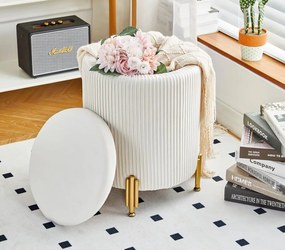 SCAU213 - Scaunel 35 cm, taburet catifelat pentru masa toaleta cu spatiu de depozitare - Auriu - Crem