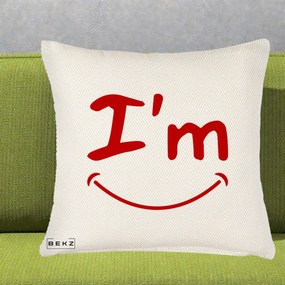 Perna Decorativa I'm Happy Smile, 40x40 cm, Crem Reliefat, Husa Detasabila, Perna Inclusa, BEKZ®