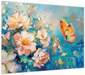 Tablou pe sticlă - Fluture și flori, pictură în ulei II. (70x50 cm)