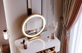 SEG13 - Set Masa toaleta, 100 cm, cosmetica, masa machiaj cu oglinda LED si scaun, masuta vanity - Gri-Auriu