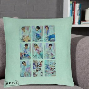Perna Personalizata K-pop BTS Colaj 9 Fotografii Autografe Individual, 40x40 cm, Verde Menta, Husa Detasabila, Perna Inclusa, BEKZ®