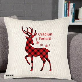 Perna Decorativa Ren Tartan Craciun Fericit, 40x40 cm, Crem Reliefat, Husa Detasabila, Perna Inclusa, BEKZ®