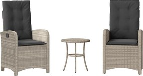 vidaXL Set bistro cu perne, 3 piese, gri deschis, poliratan