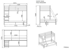 Pat pentru copii 140x200/90x200 cm gri supraetajat Pino - Vipack
