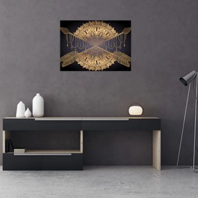 Tablou pe sticlă - Mandala aurie cu săgeți (70x50 cm)