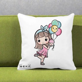 Perna Decorativa Fetita Kawaii cu Baloane si Cupcake, 40x40 cm, Alba Mata, Husa Detasabila, Perna Inclusa, BEKZ®