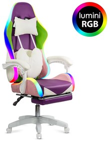 Scaun gaming roz/mov din piele ecologica cu lumini RGB si suport lombar OFF 298