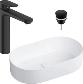 Pachet lavoar pe blat Omnires Mesa alb 53.5 cm, baterie lavoar Hansgrohe Vernis Blend 190 negru si ventil lavoar Click-Clack negru