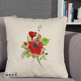 Perna Decorativa Buchet Rosu Acuarela, 40x40 cm, Bej Canapea, Husa Detasabila, Perna Inclusa, BEKZ®