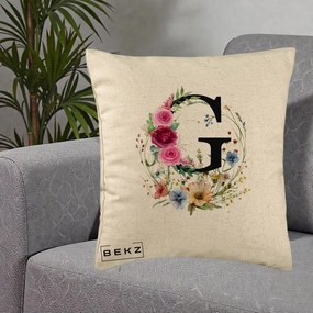 Cadou Personalizat - Perna Personalizata Monogram Litera G cu Flori Acuarela, 40x40 cm, Bej, Husa Detasabila, Perna Inclusa, BEKZ®