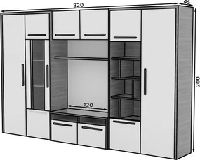 Mobilier living MARIO – 320x45x200 cm – Alb lucios / Mont Blanc Dark