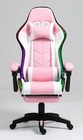 RESIGILAT- ALFORD Scaun gaming cu Masaj in 5 puncte, Perna lombara cu Masaj, Sistem iluminare banda LED RGB, Boxe Bluetooth, suport picioare, PU, Roz