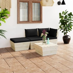 Set mobilier gradina din paleti, cu perne, 4 piese, lemn molid Negru, colt + mijloc + suport pentru picioare + masa, 1