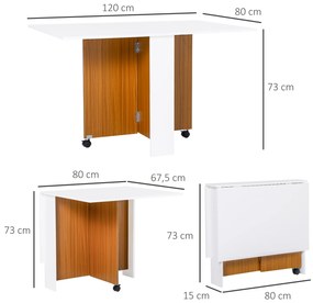 HOMCOM Masă extensibilă pliabilă mobilă cu design modern, 120 cm x 80 cm x 73 cm, Tei + Alb | Aosom Romania