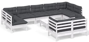 3097254 vidaXL Set mobilier grădină cu perne, 10 piese, alb, lemn masiv pin